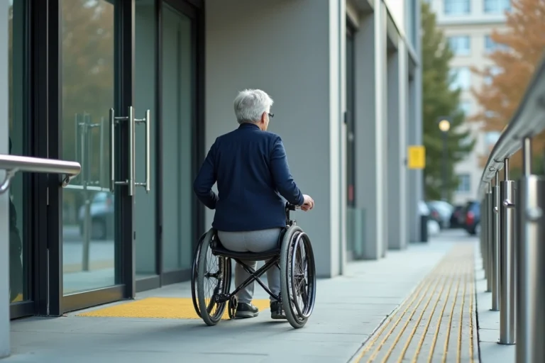 Femme en fauteuil roulant franchissant l'entrée accessible d'un bâtiment public équipé d'une rampe PMR et de bandes podotactiles