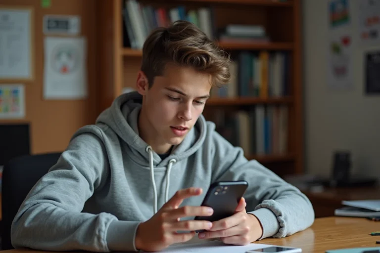 Adolescent consultant les paramètres de contrôle parental Family Link sur son smartphone dans sa chambre