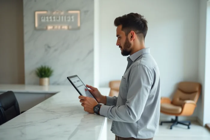 Professionnel paramétrant un agenda de rendez-vous en ligne sur une tablette dans un espace d'accueil moderne