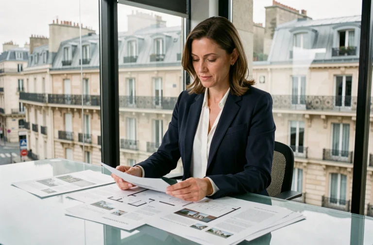 Agent immobilière analysant des annonces de biens immobiliers parisiens dans une agence avec vue sur les toits haussmanniens