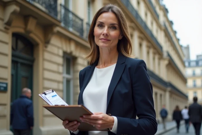 Agent immobilière devant un immeuble haussmannien parisien tenant des fiches de biens à vendre