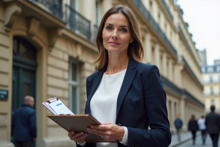 Agent immobilière devant un immeuble haussmannien parisien tenant des fiches de biens à vendre