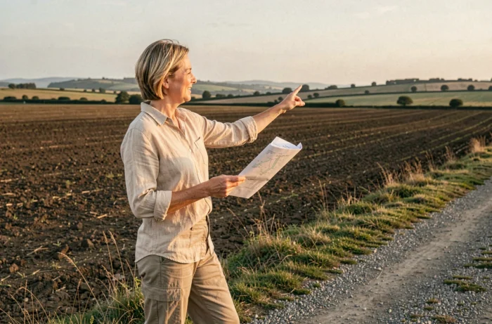 Femme agricultrice inspectant une parcelle de terre agricole avec un plan foncier pour préparer un projet d'achat