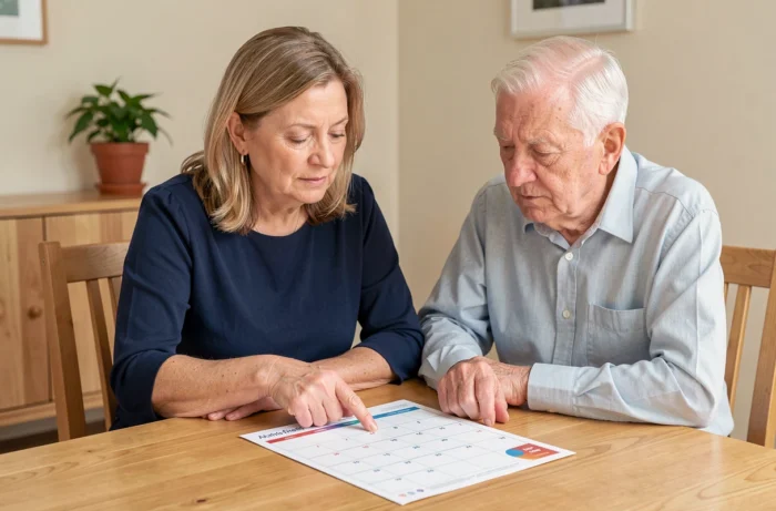 Aidante familiale aidant un senior à lire un calendrier Alzheimer imprimé sur une table en bois