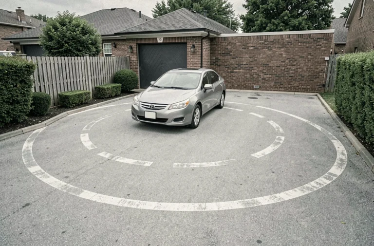Aire de retournement voiture aménagée dans une allée résidentielle avec marquage au sol et dimensions visibles
