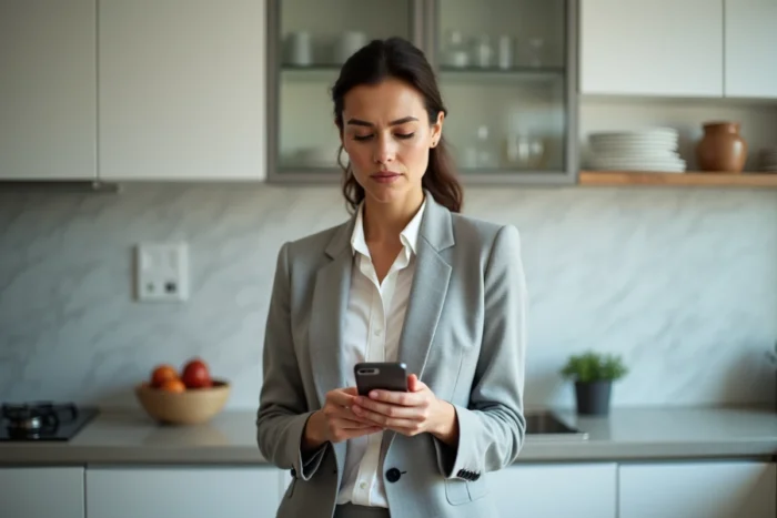 Femme consultant une alerte bancaire sur son smartphone pour protéger ses données personnelles contre les fraudes