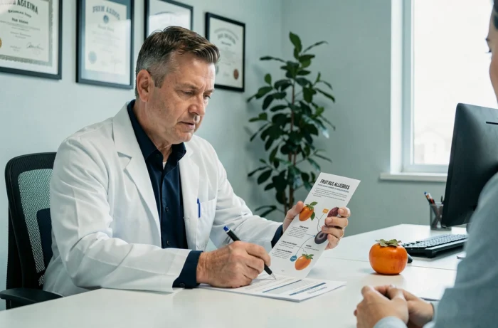Allergologue en consultation expliquant les symptômes de l'allergie au kaki à un patient avec un document informatif