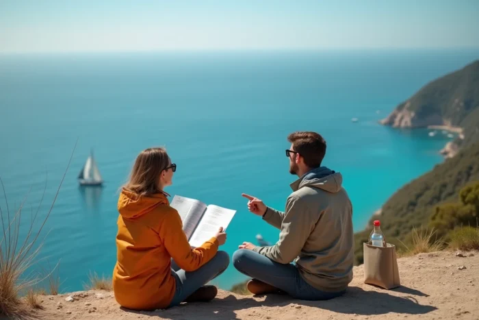Deux amis consultant un guide de voyage assis sur une falaise côtière avec vue sur la mer