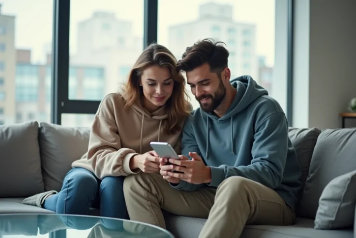 Deux amis regardant ensemble un profil privé Instagram sur un smartphone dans un salon moderne