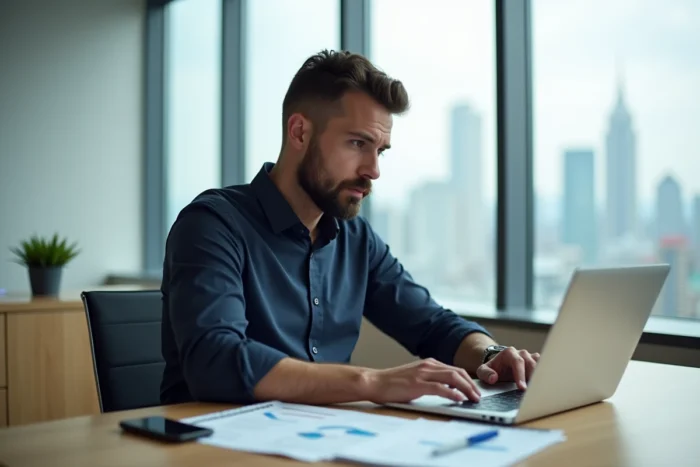 Homme d'affaires analysant des rapports de stratégie de communication dans un bureau exécutif avec vue urbaine