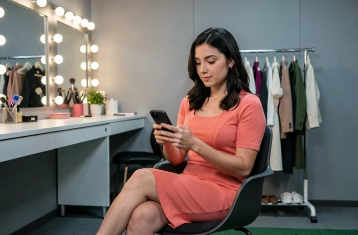 Animatrice de TPMP dans les coulisses d'un studio de télévision, se préparant avant une émission en direct