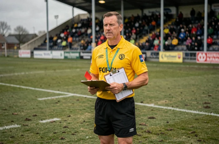 Arbitre de rugby en maillot jaune tenant une feuille de statistiques de match sur un terrain de rugby français