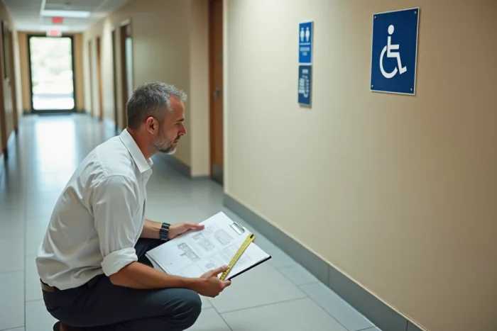 Architecte vérifiant la conformité réglementaire d'une signalétique PMR dans un couloir de bâtiment accessible