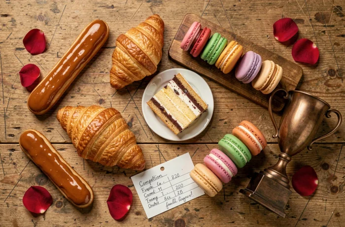 Assortiment de pâtisseries primées disposées en flat-lay avec un trophée de concours sur une table en chêne rustique