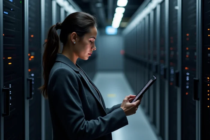 Professionnelle en cybersécurité effectuant un audit dans une salle de serveurs d'entreprise