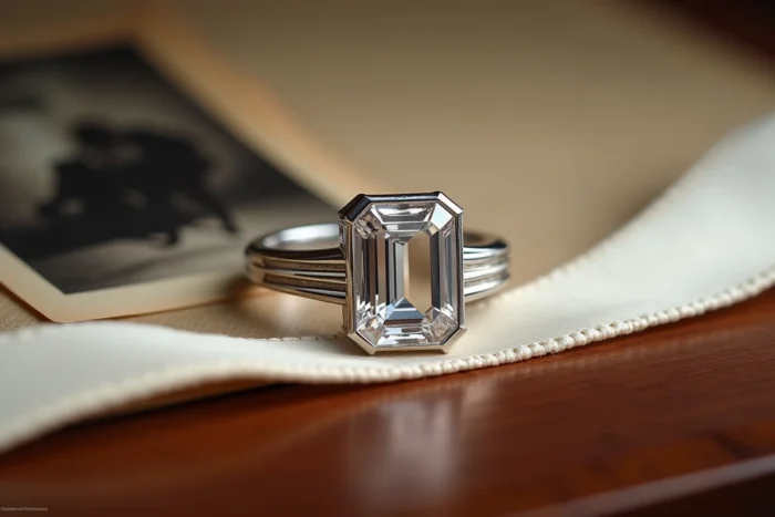 Bague de fiançailles Cartier de Grace Kelly, diamant taille émeraude en platine sur satin ivoire avec photographie vintage