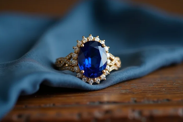 Bague saphir de la Princesse Diana, saphir bleu ovale entouré de diamants en or jaune sur soie bleue usée