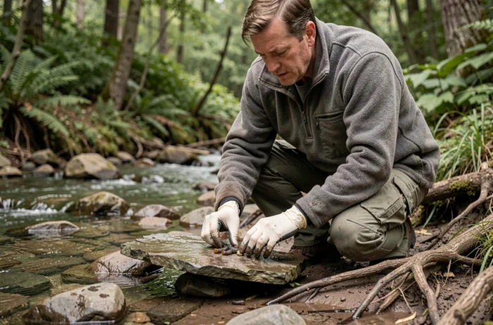 Biologiste de terrain examinant des crottes de salamandre sous une pierre au bord d'un ruisseau forestier, portant des gants et du matériel de terrain
