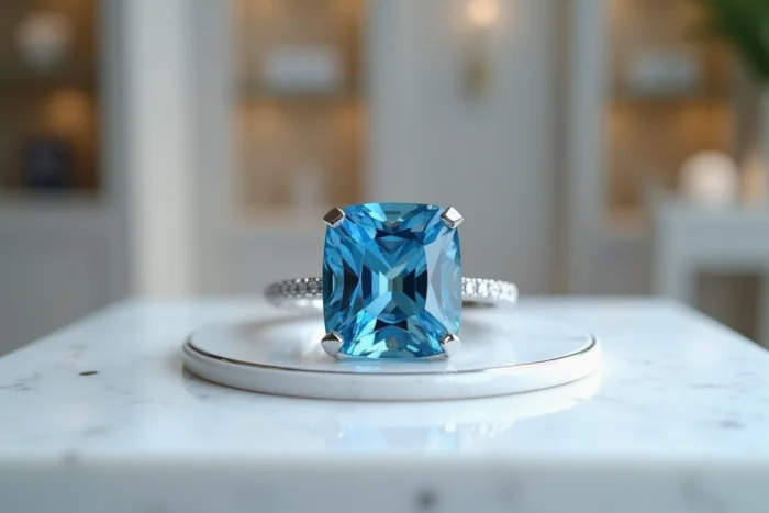 Blue Moon of Josephine, bague avec diamant bleu coussin de 12 carats en platine sur piedestal en marbre blanc