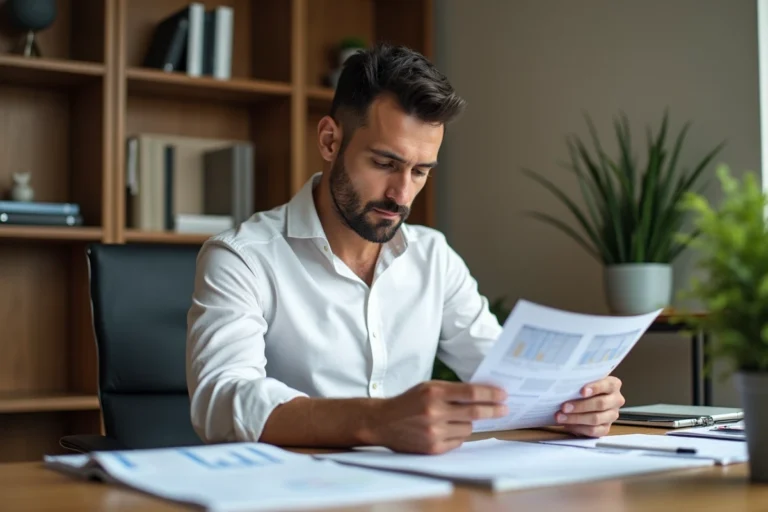 Propriétaire analysant des documents d'amortissement LMNP à son bureau à domicile
