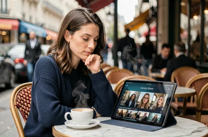 Candy Marer attablée dans un café parisien, regardant une série TV sur tablette avec une expression contemplative et détendue