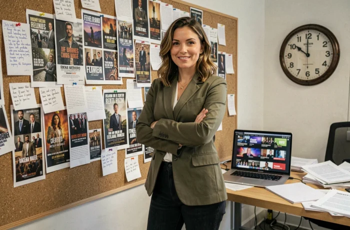 Candy Marer debout devant un mur de posters de séries TV dans un espace de travail créatif, exprimant sa passion pour les fictions télévisées