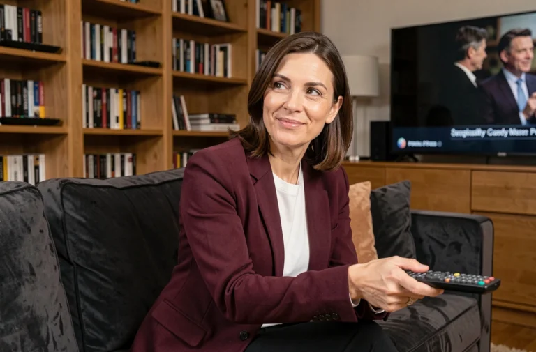Candy Marer, personnalité fascinante des séries TV, assise sur un canapé velours entourée de DVD et télécommandes dans un salon moderne
