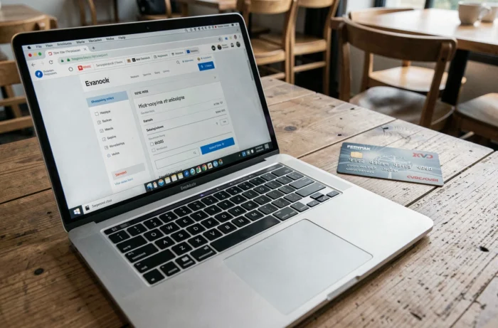 Carte bancaire posée à côté d'un ordinateur ouvert sur une page de paiement en ligne douteuse