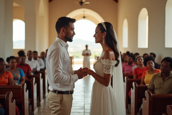 Cérémonie de mariage dans une chapelle coloniale portugaise au Cap-Vert avec des invités en tenues traditionnelles colorées