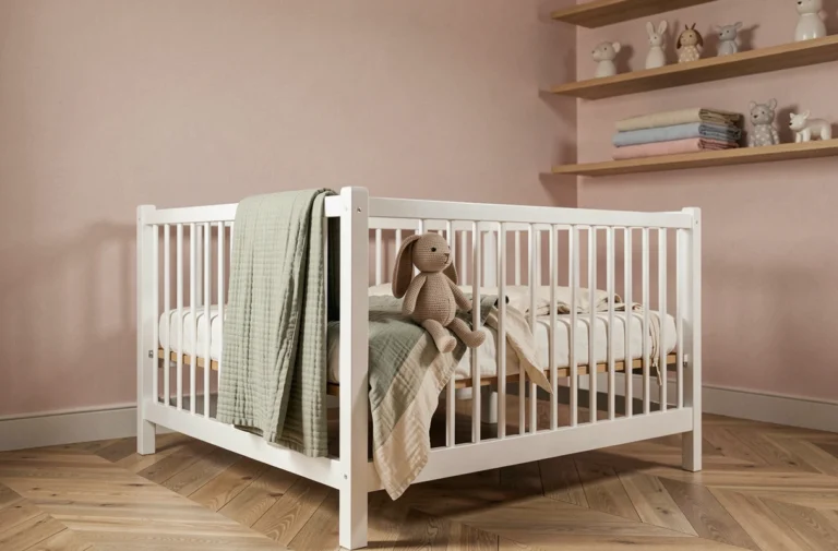 Chambre de bébé décorée avec style dans des tons naturels, avec un lit à barreaux en bois blanc, des linges en coton bio et des étagères en chêne