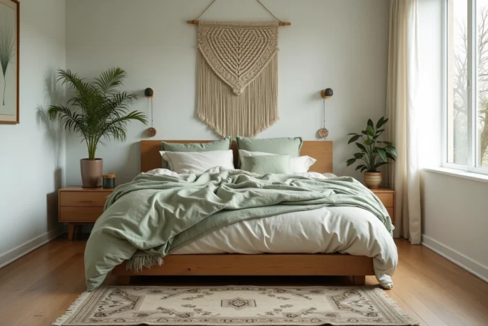 Chambre cocooning avec lit en lin froissé, suspension en macramé, plantes vertes et parquet en chêne pour une atmosphère de sanctuaire personnel