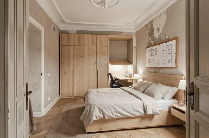 Chambre d'appartement haussmannien avec rangements sur mesure, coin bureau encastré et plans d'optimisation de l'espace