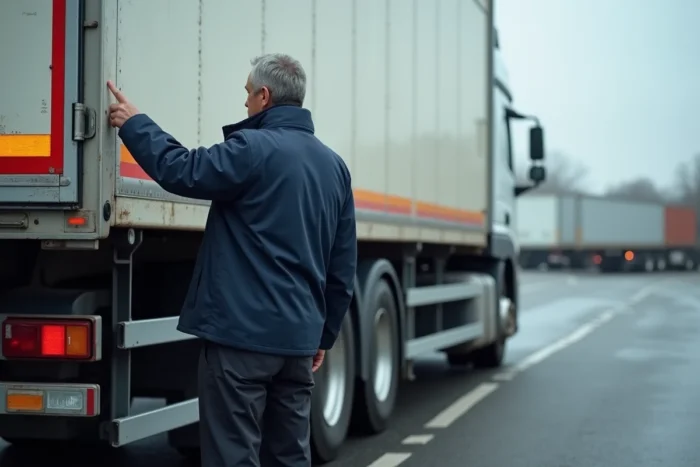 Chauffeur routier debout à l'arrière d'une longue remorque de transport indiquant les marquages réglementaires de longueur sur un parking d'autoroute