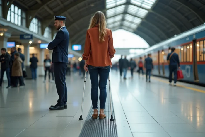 Jeune femme malvoyante utilisant une canne blanche sur un cheminement podotactile dans une gare accessible aux personnes handicapées