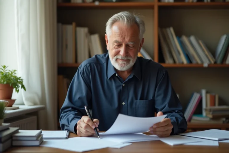 Homme senior en préretraite examinant des documents administratifs liés à la dispense de recherche d'emploi dans un bureau à domicile