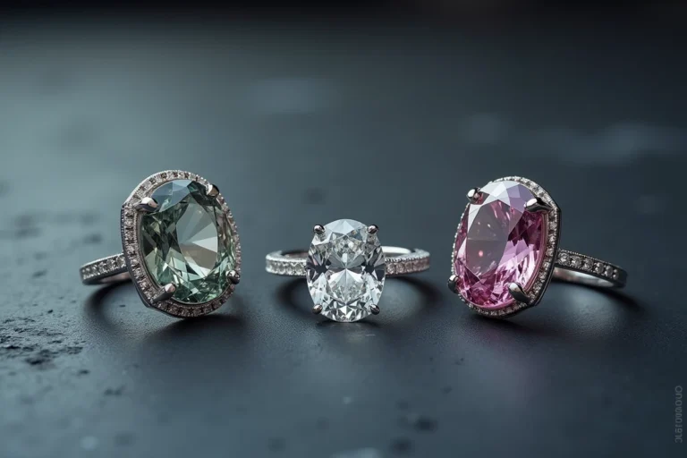 Classement des bagues de luxe les plus chères au monde, posées sur une surface en ardoise grise
