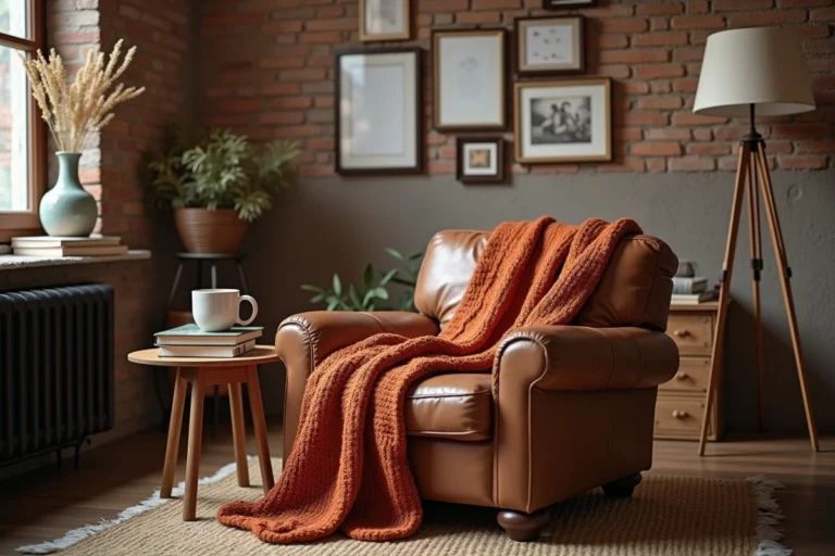 Coin salon chaleureux avec fauteuil en cuir, plaid en maille épaisse terracotta, table en bois brut et mur en briques décorées pour un intérieur unique
