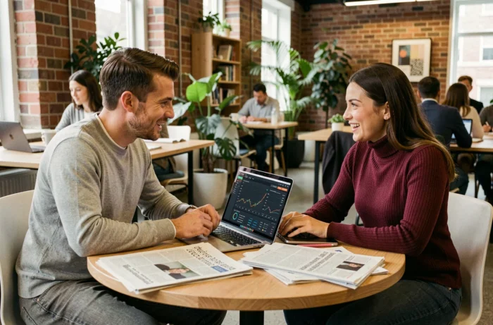 Deux jeunes professionnels collaborant sur une stratégie d'investissement en actions dans un espace de coworking