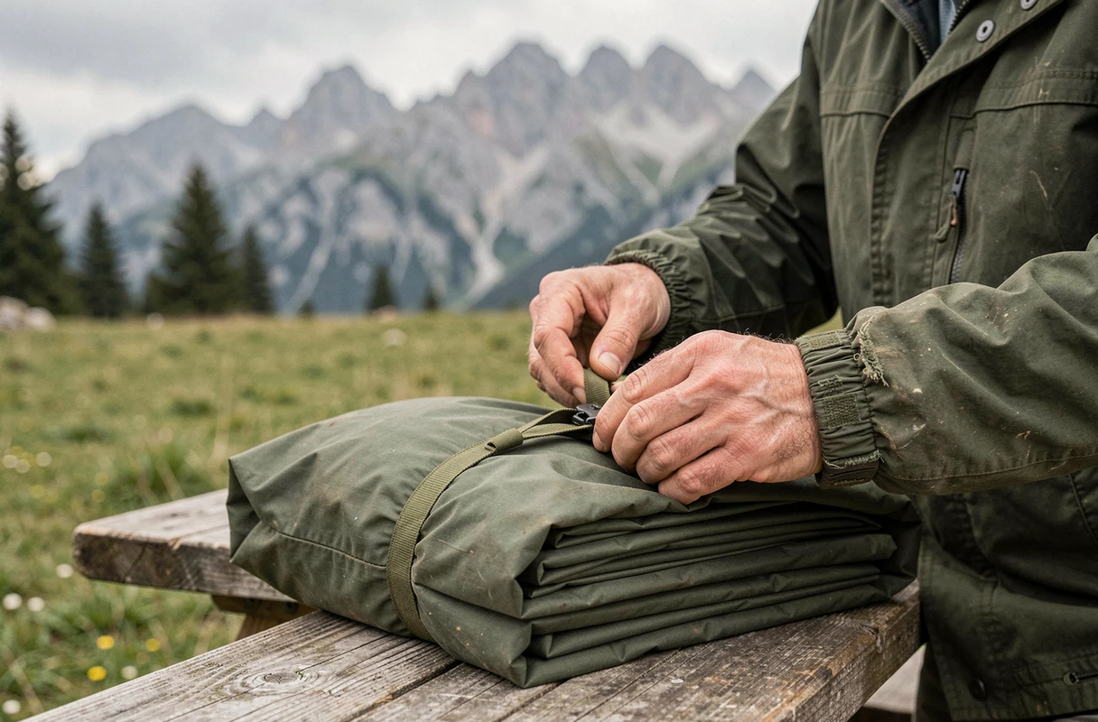 Mains expertes d'un pilote de parapente emballant soigneusement un parachute de secours plié dans son sac de déploiement sur un site de décollage en montagne