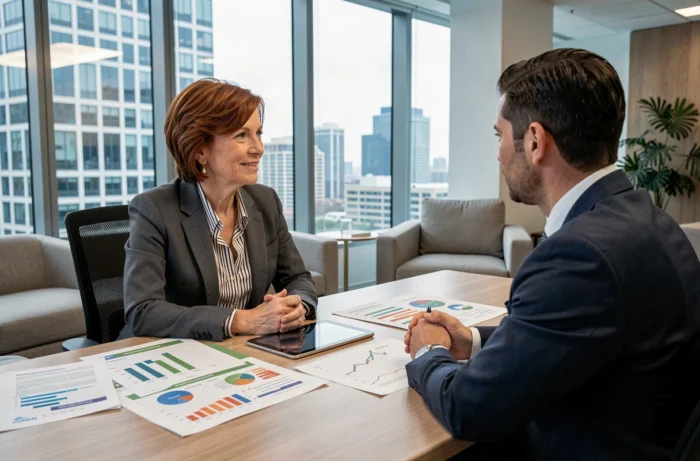 Femme consultant un conseiller financier pour planifier son départ en retraite anticipée dans un bureau moderne