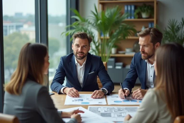 Conseiller immobilier professionnel discutant d'un projet d'achat avec un couple dans une agence moderne
