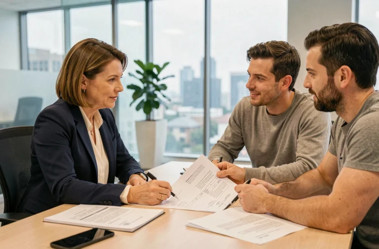 Conseillère immobilière experte expliquant des documents de transaction à un couple dans une agence moderne