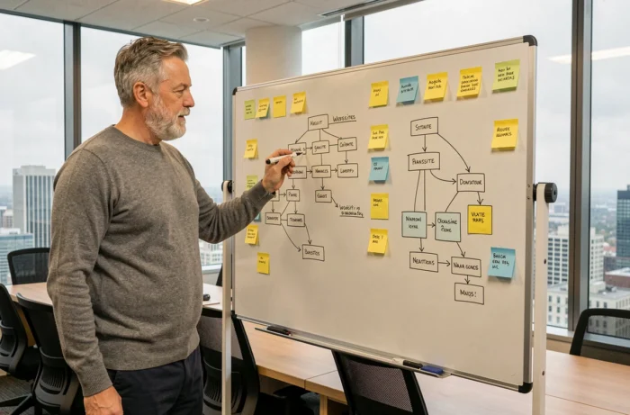 Consultant senior expliquant l'architecture d'un site B2B sur un tableau blanc avec des diagrammes de navigation et des post-its