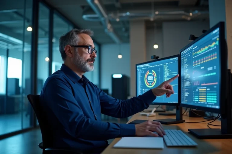 Consultant en sécurité informatique analysant des tableaux de bord réseau sur des écrans dans un bureau moderne
