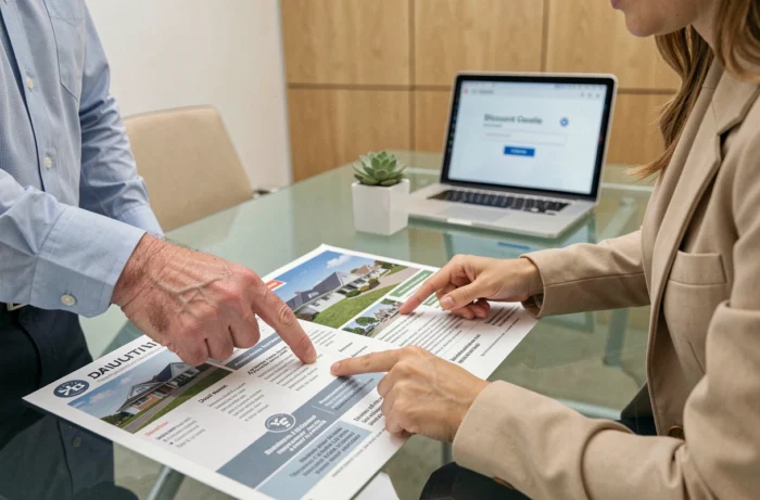 Deux personnes consultant un catalogue d'enchères immobilières avec un code de réduction affiché sur ordinateur en arrière-plan