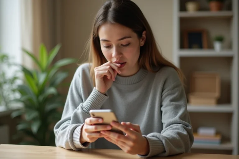 Jeune femme consultant un profil privé Instagram sur son smartphone depuis son bureau à domicile