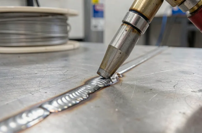 Gros plan sur un cordon de soudure MIG aluminium avec torche et fil de soudage