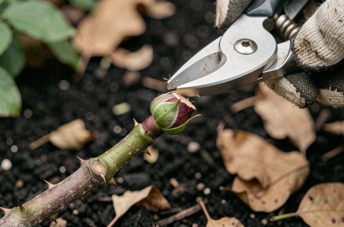 Gros plan sur la coupe nette d'une tige de rosier au-dessus d'un bourgeon, technique de taille optimale au sécateur