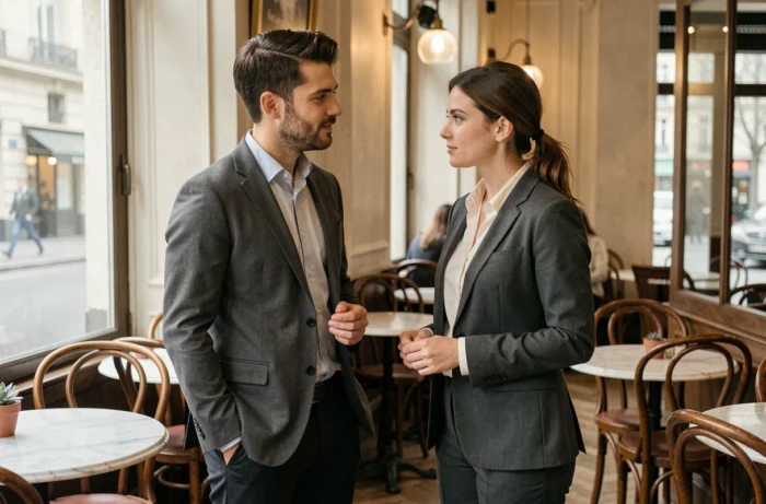 Un homme et une femme en discussion dans un café parisien, illustrant un couple sous l'œil des médias et de la politique française