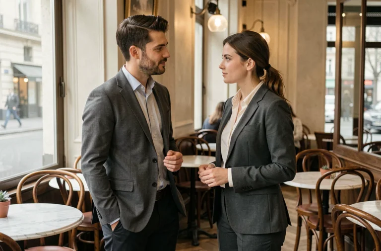 Un homme et une femme en discussion dans un café parisien, illustrant un couple sous l'œil des médias et de la politique française